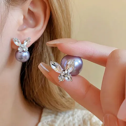 Butterfly Stud Earrings Elegant Artificial Pearl Zircon Inlaid Copper With Silver Earring Post Delicate Jewelry For Women