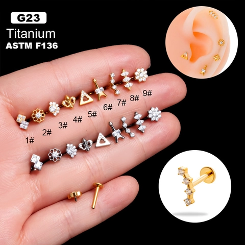G23 Titanium Kraakbeen Stud Oorbel Met Zirkoon Bloem Geometrisch Platte Achterkant Lichaam Piercing Sieraden