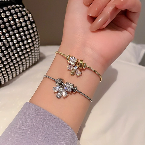 Adjustable Stainless Steel Bolo Bracelet Zircon Micro Pave H Butterfly Charm Jewelry For Women Elegant Stylish Accessory