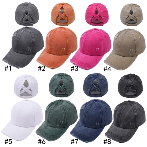 Women Washed Cotton Baseball Cap Criss-Cross Ponytail Distressed Vintage Style Adjustable Outdoor Sport Sun Hat