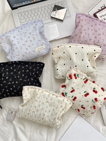 Floral Makeup Bag Seersucker Cotton Cosmetic Pouch Portable Travel Toiletry Organizer Waffle Texture Cherry Print Women