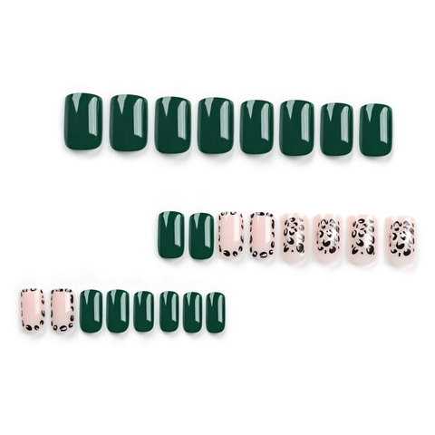 Unghie Finte Corte Quadrate Stampa Leopardata Verde Scuro Nude Lucide Unghie Artificiali Per Donna