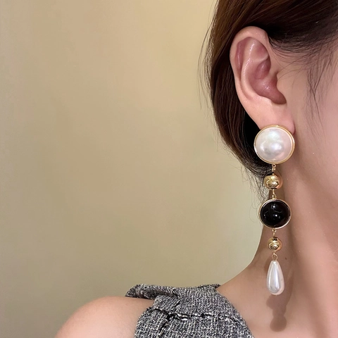 Orecchini A Pendente Vintage Francesi Con Perno In Argentento Sterling 925 Künstliche Perle Finte Lega Placcata Oro E Smalto Nero Gioielli Eleganti Donna