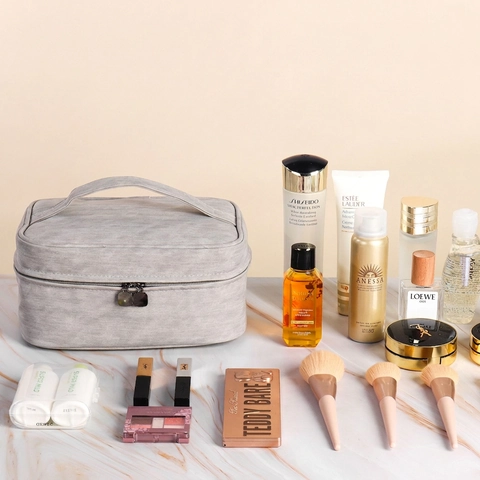 Large Capacity Makeup Bag PU Leather Portable Travel Toiletry Storage Pouch With Handle Double Zipper For Women