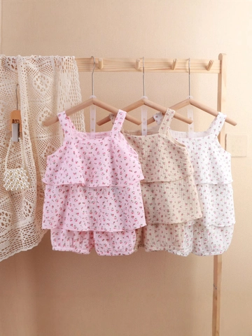 Girls Floral Strap Top And Shorts Cotton Double Gauze Muslin Breathable Ruffle Sweet Loungewear Baby Toddler