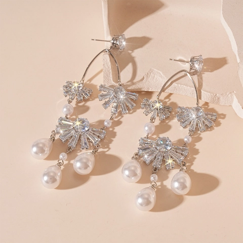 Pendientes Largos Gota Perla Artificial Imitación Con Poste Plata Circón Cobre Para Mujer Estilo Elegante Vintage