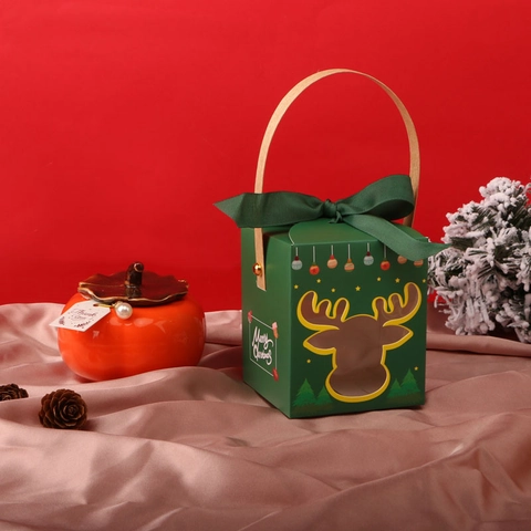 Christmas Gift Boxes Cardboard Candy Apple Packaging Portable Handle Ribbon Bow Transparent Window Festive Party Decoration