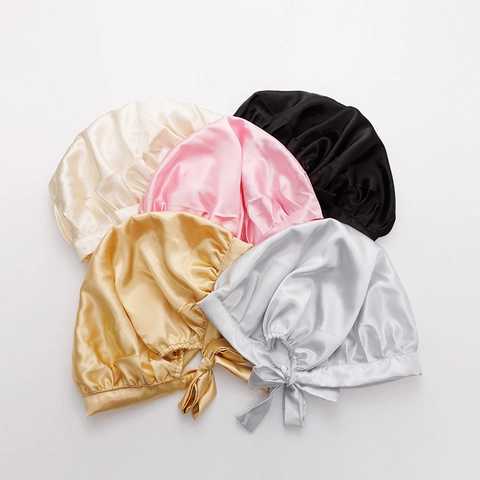Adjustable Satin Sleep Bonnet Women Imitation Satin Hair Cap Soft Night Sleeping Hat With Ribbon Bow For Hair Care