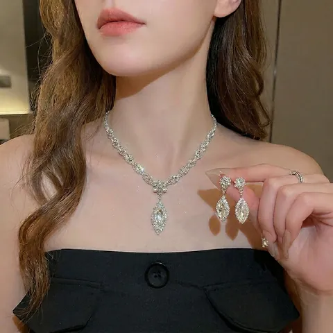 Collar Y Pendientes De Diamantes Gota De Agua Con Silver Earring Post Cobre Cristal Diseño Floral Mujer Boda Fiesta