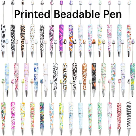 DIY Beadable Ballpoint Pen Plastic Body Metal Rod Printed Leopard Floral Holiday Pattern Crafting Stationery