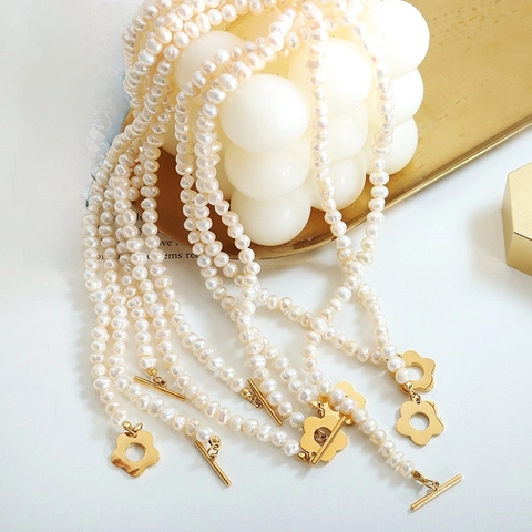 Freshwater Pearl Necklace And Bracelet French Baroque Flower OT Buckle Titanium Steel 18K Gold Plated Jewelry For Women