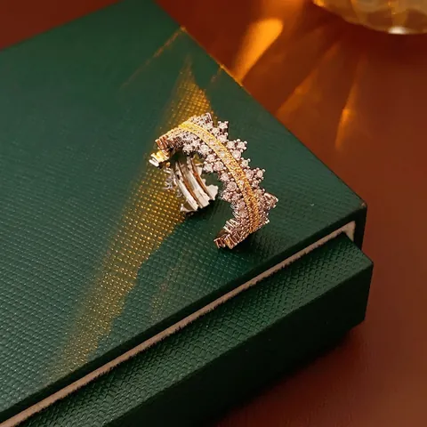 Micro Inlay Zirkon Doppelschicht Öffnungsring Zweifarbig Kronenform Kupfer Verstellbar Modeschmuck Für Damen Zubehör