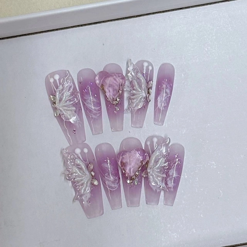 Handmade 3D Butterfly Press On Nails Purple Pink Gradient Extra Long Coffin Almond Luxury Reusable False Nails With Adhesive Glue Tool