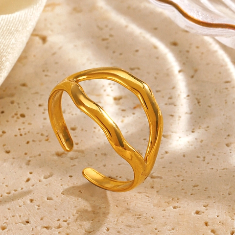 Anillo Abierto Minimalista de Acero Inoxidable en Forma de Labios para Mujer Chapado en Oro 18K Onda Irregular Ajustable