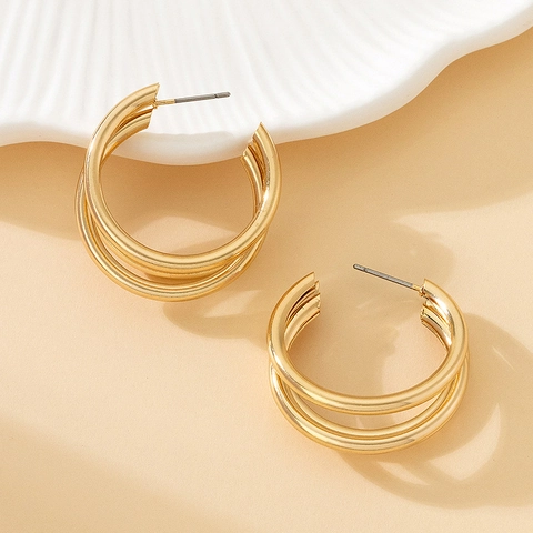Boucles Oreilles Créoles Triple Épaisseur Alliage Avec Tige En Argent Géométrique Empilée Forme C Mode Pour Femmes