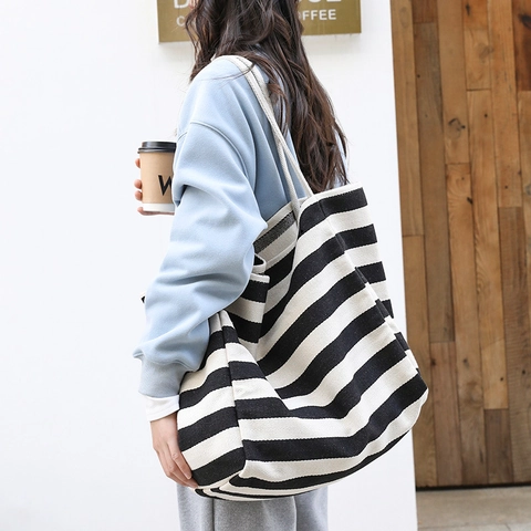 Gestreepte Canvas Tote Tas Grote Capaciteit Casual Schoudertas Voor Dames Vintage Contrastkleur Mode Shoppen