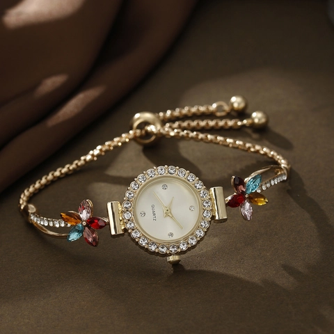Women Bracelet Watch Rhinestone Flower Decor Alloy Quartz Round Dial Elegant Small Fashion Wristwatch