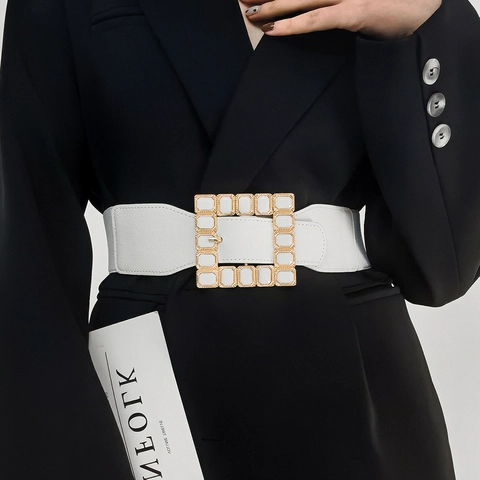 Women Wide Corset Belt High Elastic Waist Belt With Square Rhinestone Alloy Buckle PU Leather Retro Waistband For Dresses Party