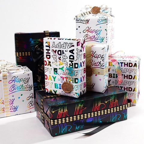 Happy Birthday Gift Wrapping Paper Rainbow Holographic Gold Stamping Coated Paper For Festive Party Decoration