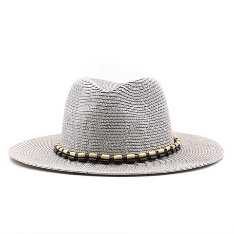 Straw Fedora Hat With Wooden Bead Band Breathable Sun Protection Summer Beach Panama Style For Men Women Kids