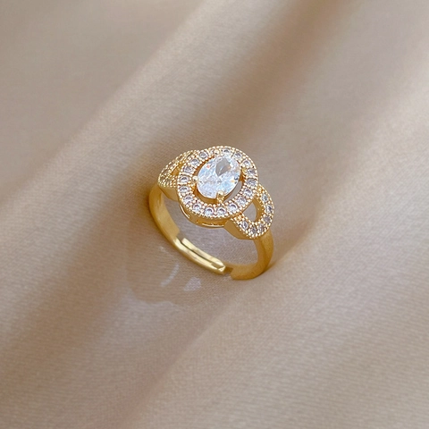 Elegant Oval Cubic Zirconia Ring Real Gold Plated Brass Adjustable Open Finger Ring For Women