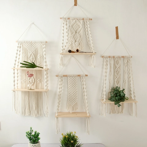 Handmade Macrame Wall Hanging Shelf Cotton Rope Wood Floating Shelves Bohemian Tassel Home Decor Rack