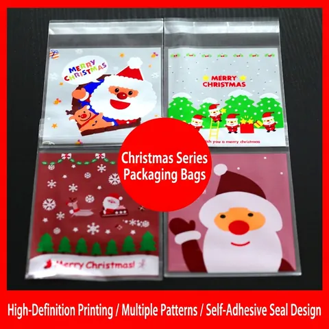 Christmas Candy Cookie Packaging Bags Plastic Self Sealing For Holiday Party Baking Gift Wrapping Cartoon Santa Pattern