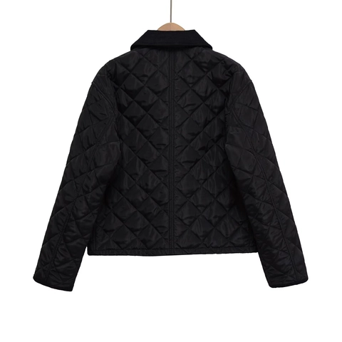 Women Vintage Diamond Quilted Jacket With Corduroy Collar Square Neck Short Padded Cotton Coat Button Casual Outwear