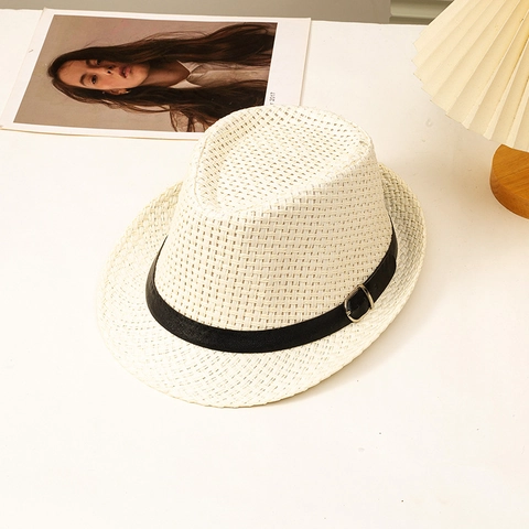 Men Women Fedora Straw Hat Summer Sun Protection Beach Woven Viscose With Leather Band And Metal Buckle Vintage