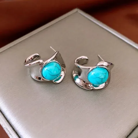 Vintage Round Turquoise Stud Earrings With 925 Sterling Silver Earring Post Copper Base Retro Jewelry For Women