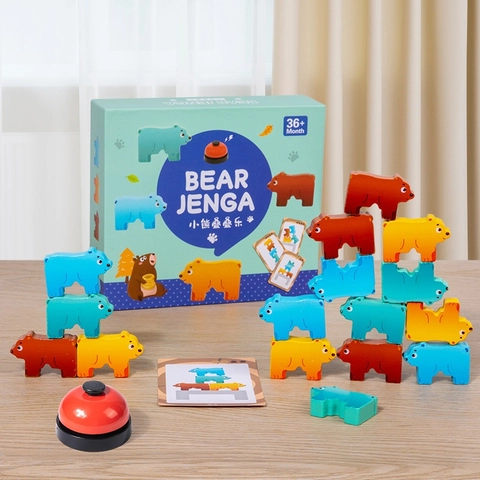 Blocs à Empiler en Forme d'Ours Jeu d'Équilibre en Bois Jouet Éducatif pour Enfants Avec Cartes de Défi et Sonnette