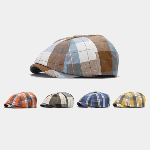Casquette Newsboy à Carreaux Britannique Rétro pour Hommes Femmes Chapeau Octogonal en Coton Classique Béret de Peintre Vintage
