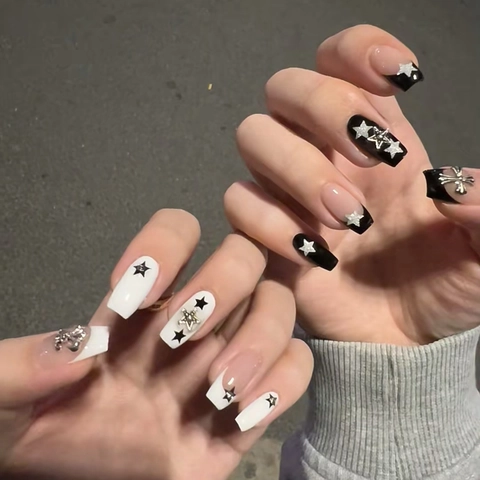 Gothic Press On Nails Black White French Long Ballerina Fake Nails Cross Star Metal Charms Punk Y2K Style Women DIY Manicure