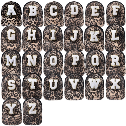 Leopard Print Baseballkappe Distressed Baumwolle Mesh Trucker Hut Mit Chenille Buchstaben Patch Pferdeschwanz Loch