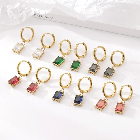 Gold Plated Titanium Steel Hoop Earrings With Emerald Cut Rectangle Cubic Zirconia Pendant Luxury Fashion For Women
