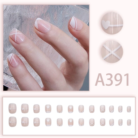 French Press On Nails Pink White Heart Pattern Short Round Square Shape Removable False Nails For Women