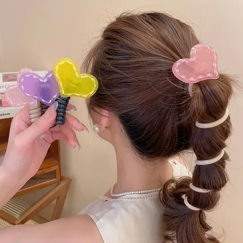Heart Acrylic Spiral Telephone Wire Hair Ties High Elastic Ponytail Holder Sweet Korean Style For Women