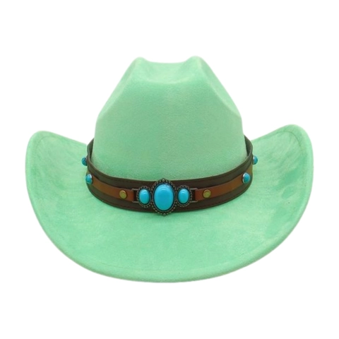 Chapeau De Cow-Boy Western Rétro Daim Feutre Bord Large Ethnique Bande Cuir Décor Turquoise Extérieur Pour Hommes Femmes