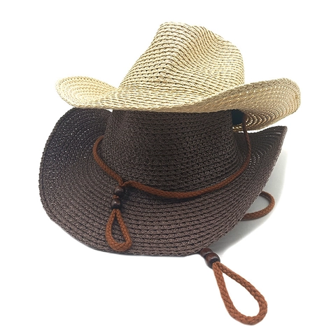 Straw Cowboy Hat Western Style Wide Brim Sun Protection Paper Braid With Adjustable Wind Rope Summer Beach Vacation