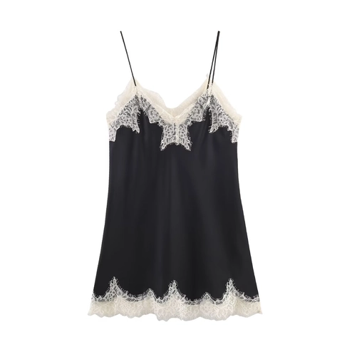 Débardeur Caraco Satin Femme Col V Dentelle Cils Contraste Sans Manches Camisole Élégant Streetwear Sexy Texture Satin
