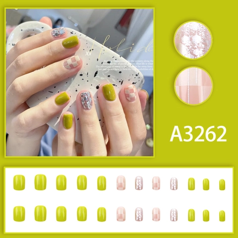 Unghie Finte Press On Corte Quadrate Verde Avocado Motivo A Scacchi Glitter Unghie Artificiali Manicure Per Donna