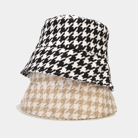 Cappello A Secchiello Donna Motivo Pied De Poule Tessuto Tweed Pesante Caldo Autunno Inverno Retro Moda Accessorio
