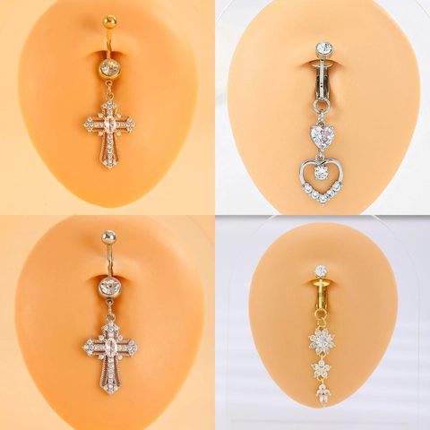 Zirconia Stainless Steel Copper Belly Button Ring Heart Cross Dangle Piercing Jewelry Non Piercing Navel Buckle For Women