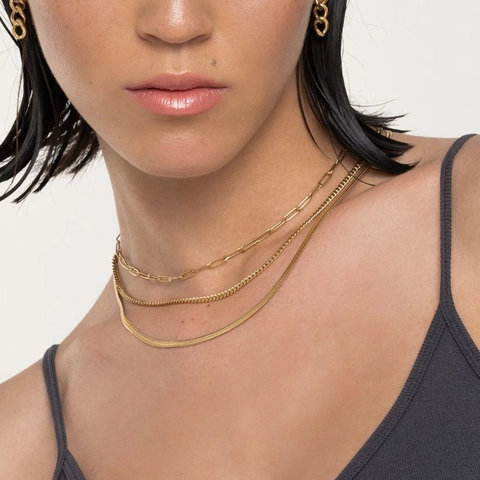 Collier Multi Rangs Pour Femme Acier Inoxydable Plaqué Or Imperméable Hypoallergénique Chaîne Trombone Serpent Bijoux Élégants