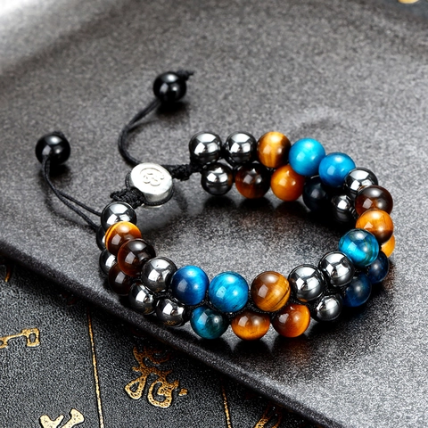 Natural Stone Beaded Bracelet Double Triple Layer Tiger Eye Hematite Lava Rock Obsidian Braided Adjustable Healing Energy