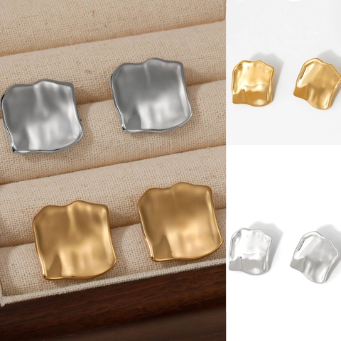 Minimalist Irregular Square Stud Earrings For Women Stainless Steel PVD Gold Plated Geometric Textured Tarnish Free
