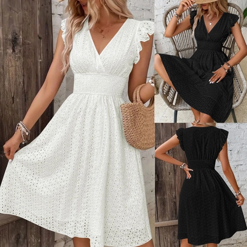 Women V Neck Hollow Out Embroidery Midi Dress Ruffle Sleeve Smocked High Waist Eyelet Summer Casual Vacation Sun Dress