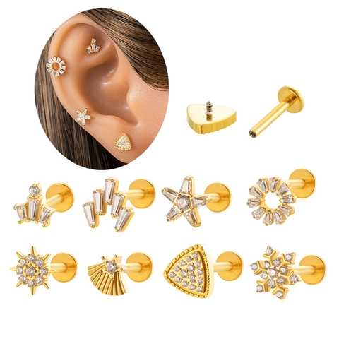 Piercing De Labret En Alliage De Titane Boucle D'oreille De Cartilage Avec Zircon Forme De Flocon De Neige Dos Plat