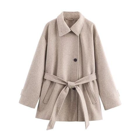 Manteau Femme Mi Long Style Laine Col À Revers Simple Boutonnage Avec Ceinture Élégant Décontracté