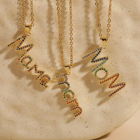 Mom Mama Buchstaben Anhänger Halskette 14K Vergoldet Edelstahl Kette Bunte Zirkonia Mode Schmuck Geschenk